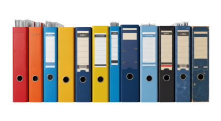 Diverse Row of Old and New Office Binders Archive and Organizational Collection. clipping path, Business concept, PNG, graphic resources.