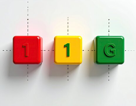 Three glossy cubes in red, yellow, and green with numbers 1 and letter G arranged in a sequence.
