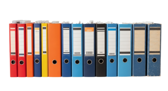 Diverse Row of Old and New Office Binders Archive and Organizational Collection. clipping path, Business concept, PNG, graphic resources.