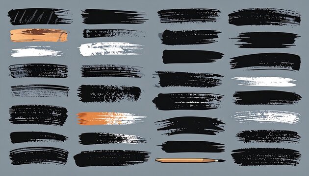 Collection of various paintbrush strokes in black, white, and orange, on a muted grey background