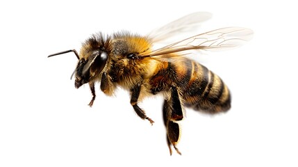 A close-up of a bee in flight, showcasing its detailed features and wings against a white background