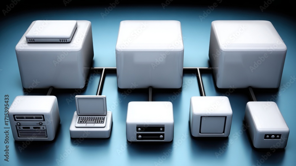 Poster Simplified digital business model mapper depicting various computers and laptops in an organized network layout design