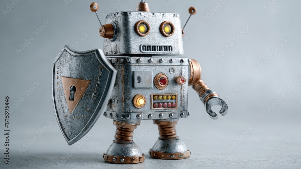 Poster futuristic robot icon concept representing a digital business guardian protecting data and assets in
