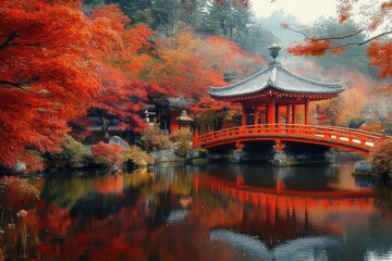 Obraz premium Tranquil Japanese garden with vibrant red autumn foliage surrounding a traditional pavilion and arched bridge reflected in still water