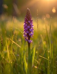 A vibrant purple orchid stands tall in a field bathed in golden sunlight, showcasing delicate details and a serene atmosphere.