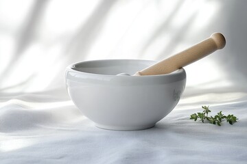 white ceramic mortar with wooden pestle placed on white fabric surface next to small sprigs of fresh green herbs under soft natural light