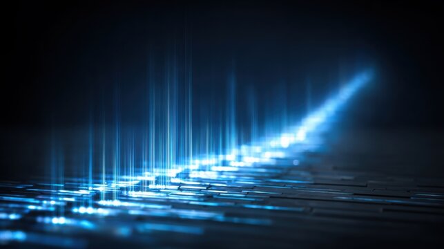 A blue light on a black background illustrating the concept of digital transformation and progress over time - Powered by Adobe