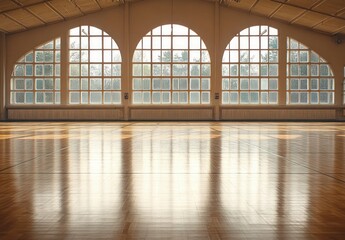 Fototapeta premium Bright spacious indoor gymnasium with large arched windows allowing natural light to reflect warmly on polished wooden floor, creating a calm and inviting atmosphere