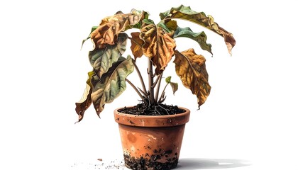 A wilted houseplant in a terracotta pot, showcasing various shades of brown and muted greens, sits against a plain white background, evoking a sense of fading vitality.
