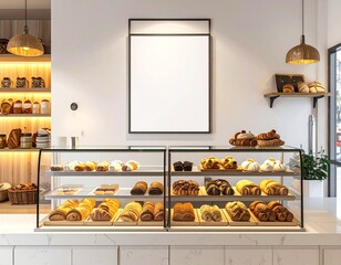 Interior of a modern and stylish bakery with a display case full of fresh pastries and a blank white mockup frame on the wall for advertising