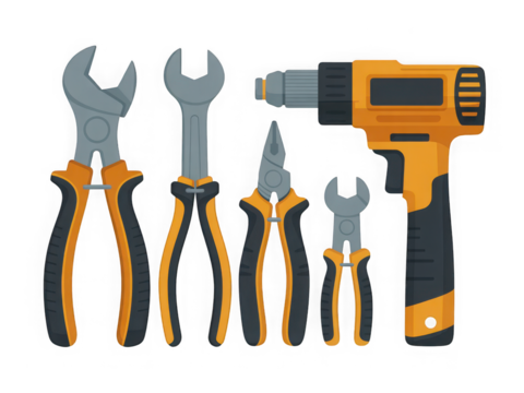 Mechanic DIY hand tools kit black and orange Isolated on white and transparent background