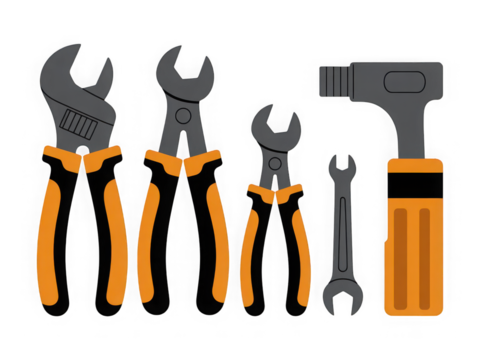 Mechanic DIY hand tools kit black and orange Isolated on white and transparent background