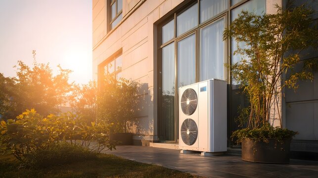 A modern air conditioning unit placed outside a building during sunset, surrounded by greenery