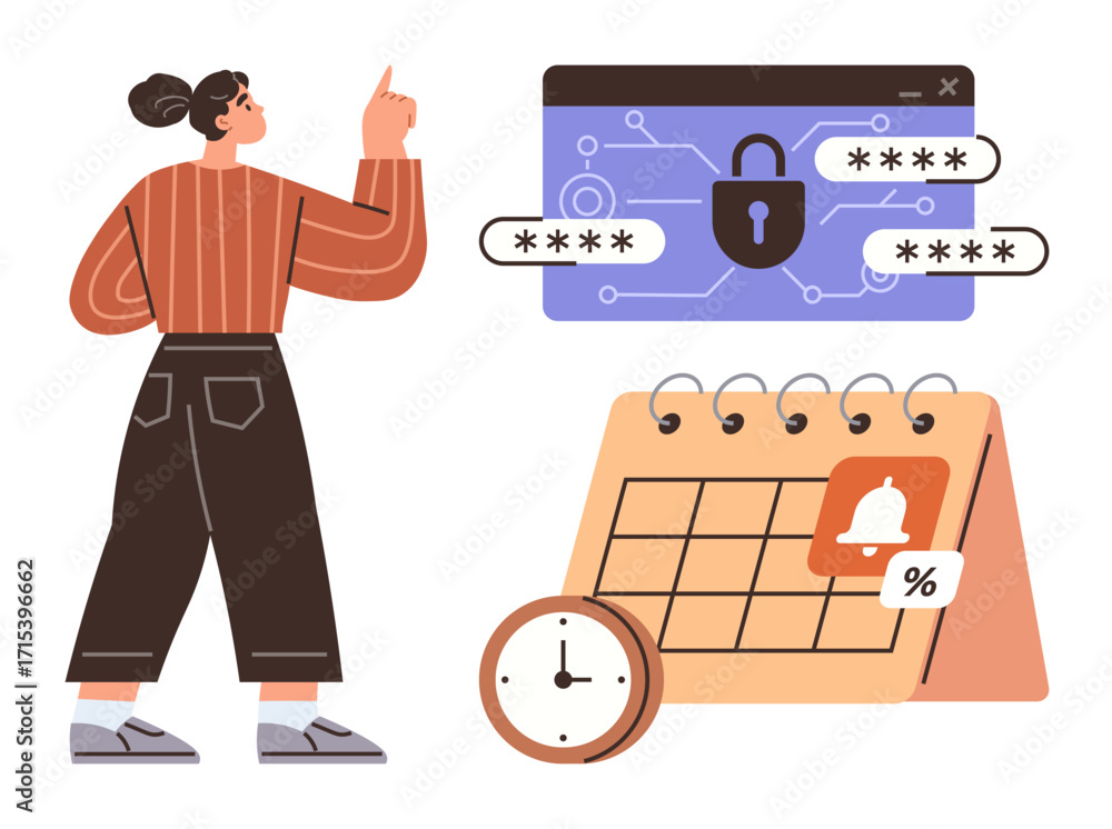 Poster person pointing at password-protected data and multitasking elements, including a calendar with a pe