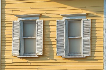 Fototapeta premium Two old white wooden windows with shutters on yellow wooden siding wall in soft sunlight casting shadows