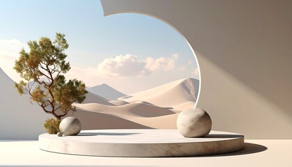 A serene, minimalist display featuring a desert landscape view through a circular window, a small tree, and two smooth stones on a round, marble-like pedestal.