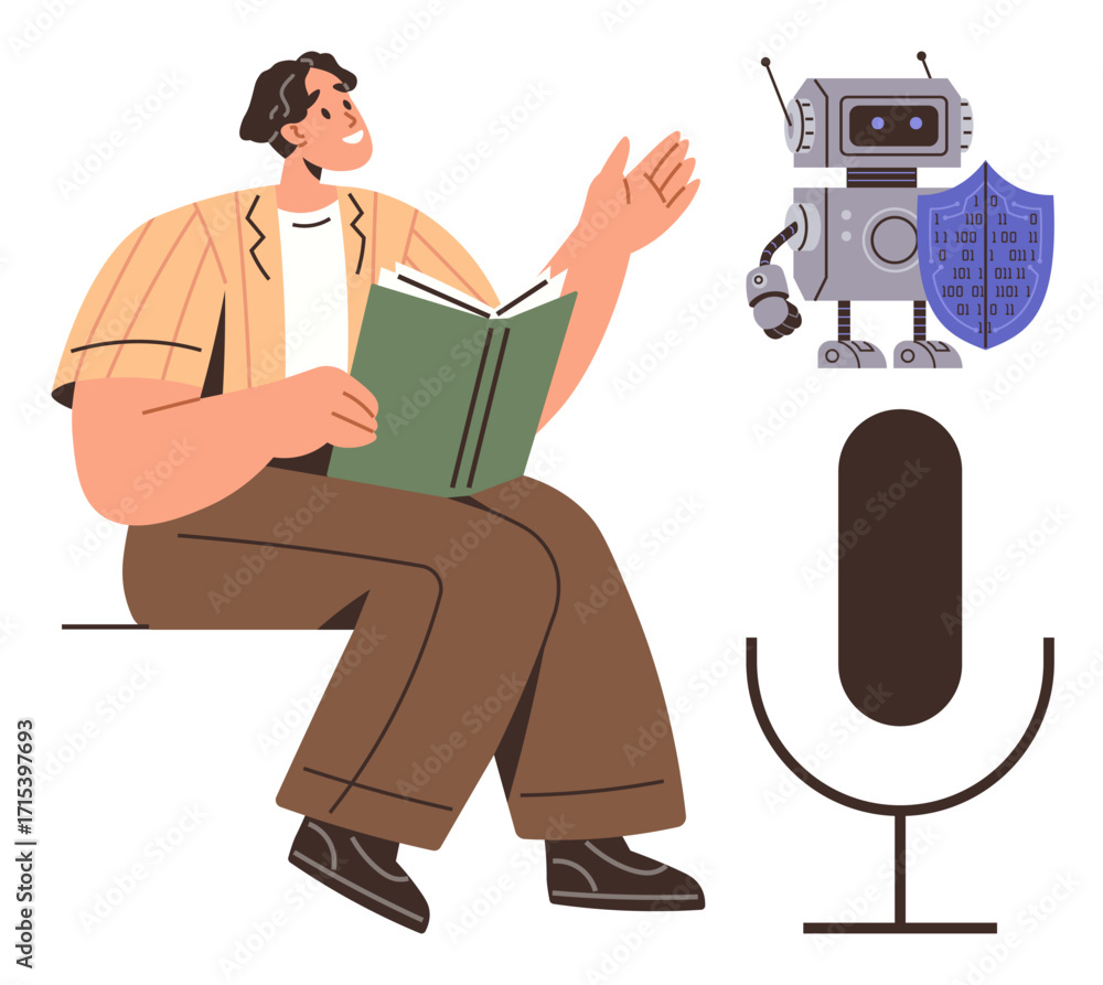 Aufkleber person holding book talking to robot with shield in conversation setup featuring a microphone. ideal