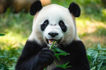 Obraz premium Close-up of a giant panda eating green bamboo leaves with a calm and content expression surrounded by natural greenery