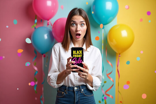 Young Woman with Surprised Expression for Black Friday Deals
