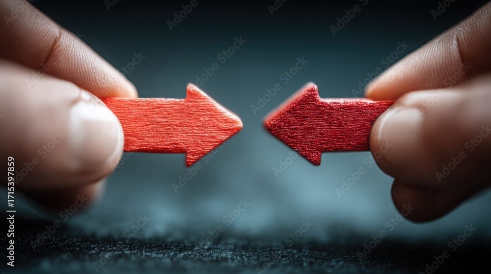 Poster two red arrows pointing in opposite directions signifying choices decisions and directions in a conc