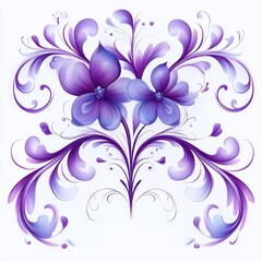 Elegant symmetrical digital artwork featuring two large purple flowers with flowing petals and detailed vein patterns surrounded by swirling and curling floral vines on a white background