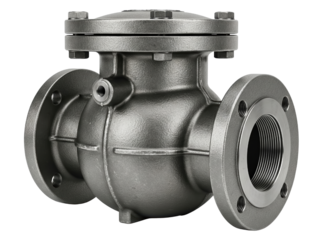 Industrial cast iron steam trap check valve with flanged ends on a transparent background