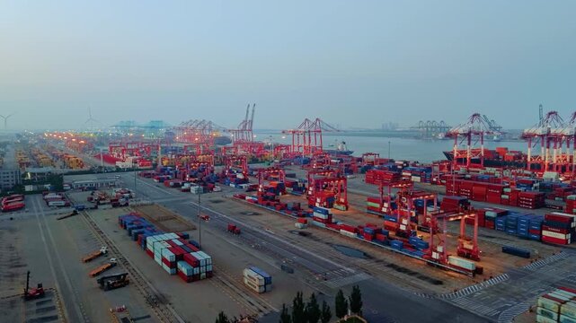 Aerial view of the cargo terminal of Tianjin Port at dusk
