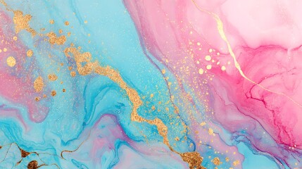 Fototapeta premium A vibrant abstract painting featuring swirling pink and blue colors with gold accents
