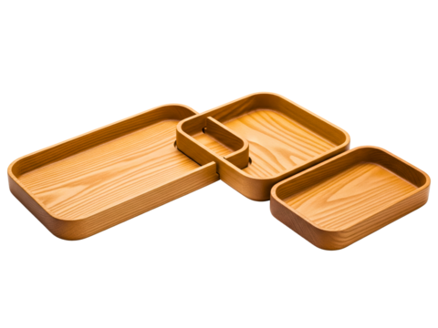 Modular wooden desk organizer with multiple interlocking trays on a transparent background