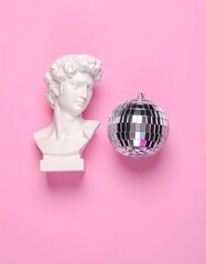 A white bust and disco ball on a pink background