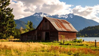 Obraz premium Rustic barn by a lake, mountains in background