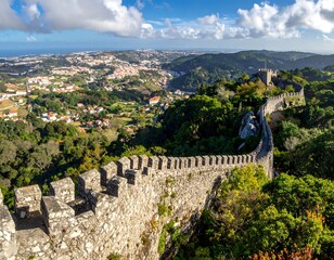 A sweeping vista of a historic castle wall winding through lush greenery, overlooking a picturesque valley below.