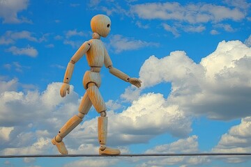Wooden articulated mannequin figure walking on a thin wire against a bright blue sky with fluffy white clouds, evoking balance and motion