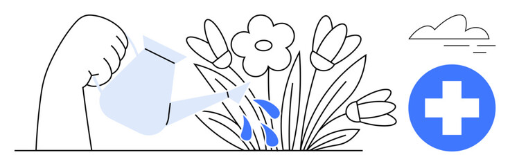Obraz premium Hand pouring water over blooming flowers with drops and a health cross icon. Ideal for wellness, growth, nurturing, self-care, healthcare, gardening, and recovery. Simple flat metaphor