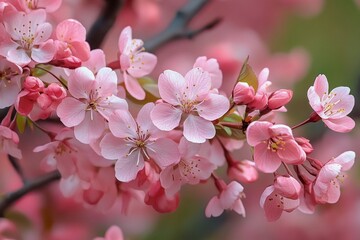 Obraz premium Close-up of a branch with delicate pink cherry blossoms and buds in full bloom against a softly blurred green and pink background