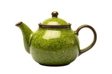 a green teapot with a brown handle