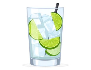 A refreshing glass of iced water with lime slices and a black drinking straw sits against a plain white background.