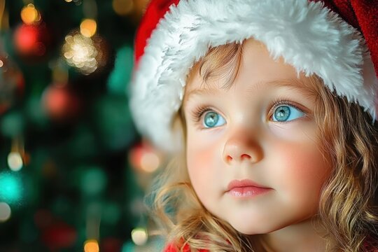 Close-up of thoughtful child with blue eyes wearing a fluffy red and white Santa hat with blurred Christmas tree lights in the background