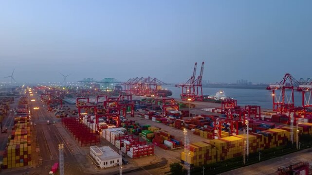 Aerial view of the cargo terminal of Tianjin Port at dusk