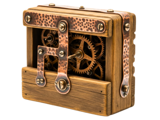 Steampunk wooden box with a complex clockwork gear mechanism on a transparent background