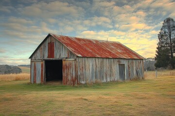 Obraz premium Old weathered barn with rusty red roof standing in grassy field under a cloudy sky at sunset
