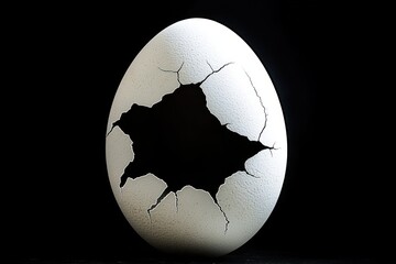 white egg with a large irregular crack revealing a hollow black interior on a black background conveying fragility and emptiness