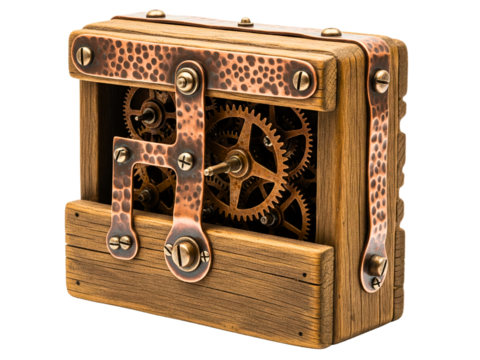 Steampunk wooden box with a complex clockwork gear mechanism on a transparent background
