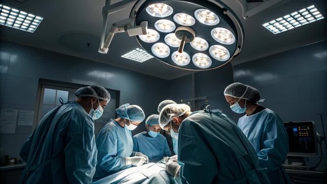 Surgical Team in Operating Room: A focused surgical team, masked and gowned, gathers around a patient under bright operating room lights, executing a complex procedure in a clean, sterile environment.
