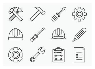 Obraz premium Construction and repair tools in simple line art style on white background