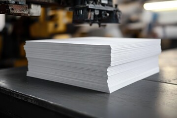 Stack of plain white paper sheets on a dark industrial table under industrial printing equipment in a factory setting