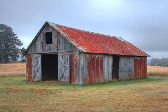 Old weathered barn with a rusty red metal roof standing in a grassy field under a cloudy sky - Powered by Adobe