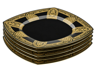 Stack of luxury square black plates with an ornate gold design on a transparent background