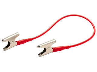 Red electrical test lead wire with two metal alligator clips on a transparent background