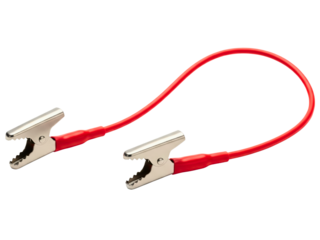 Red electrical test lead wire with two metal alligator clips on a transparent background